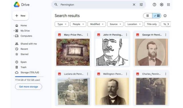 A Google Drive interface displaying search results for "Pennington," with six file thumbnails featuring different portraits and an engraving.
