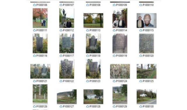 Collage of twenty image thumbnails, mostly showing gravestones and outdoor scenes with file names starting from P1000106 to P1000126.