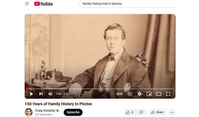 YouTube page showing a paused video with a sepia-toned photo of a man sitting. Video titled "150 Years of Family History in Photos" by Craig Kanalley.
